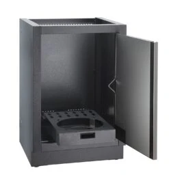 Napoleon Luxus Outdoor Küche Oasis 400 Mit Prestige Pro 825 Edelstahl Einbaugrill Ohne Vordefinierte Arbeitsplatte -Broil King Verkäufe Napoleon Gasflaschen Unterschrank Tuer offen 3