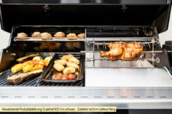 Outdoorchef Dualchef S 425 G Edelstahl Gasgrill Mit Seitenkocher + Blazing Zone Infrarotbrenner + DGS Gusseisen Grillrost 2 Stk. + DGS Gemüse Grillrost 2 Stk. -Broil King Verkäufe Outdoorchef Dualchef S 425 G Zone Divider Drehspiess